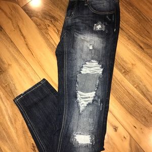 Juniors' Dark Wash Destroyed Skinny Jeans